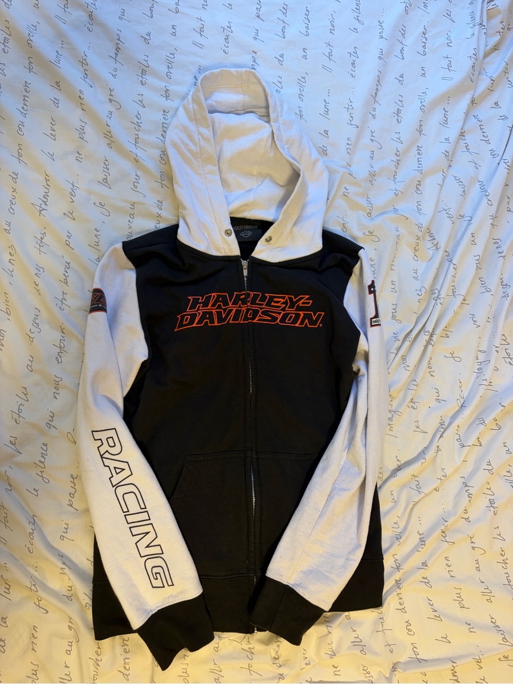 Harley-Davidson Black and White Racing Zip-Up Hoodie with Orange Logo